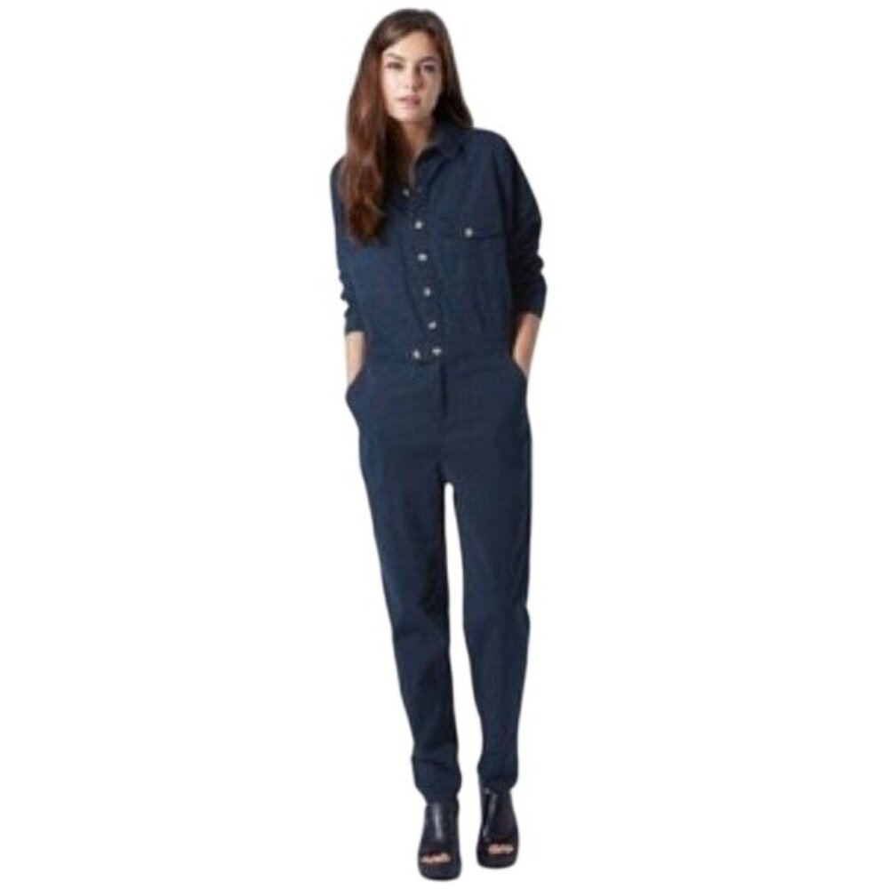 Topshop Indigo Blue Button-Front Long-Sleeve Utility Jumpsuit Size 4 Coveralls
